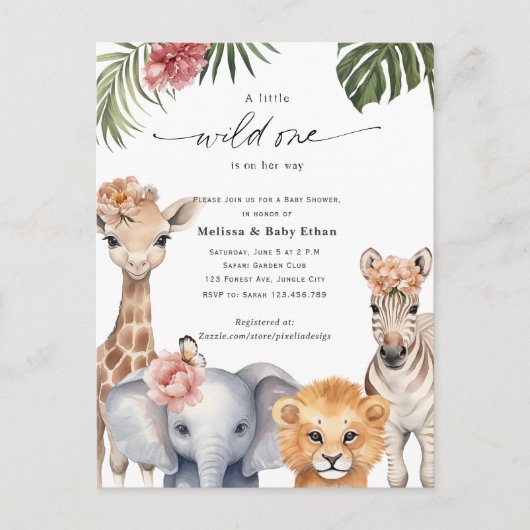 Wild One Baby Girl Shower, Schattigee Safari Thema Uitnodiging Briefkaart (Voorkant)