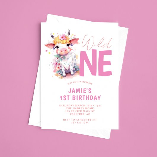 Wild One Baby Koe Roze 1e Verjaardag Kaart