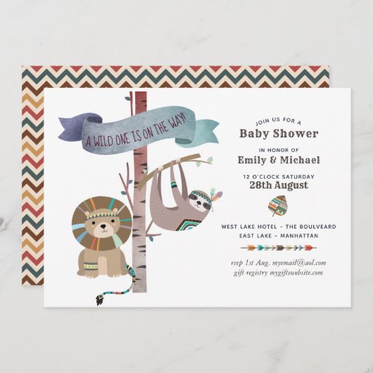Wild One Baby shower Tribal Sloth TeePee Kaart (Voorkant / Achterkant)