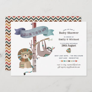 Wild One Baby shower Tribal Sloth TeePee Kaart