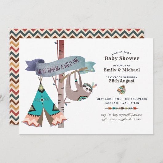 Wild One Baby shower Tribal Sloth TeePee Kaart (Voorkant / Achterkant)