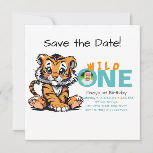 Wild ONE Baby's 1e Verjaardag Schattige Tijger Afb Save The Date