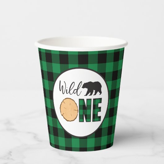 Wild One Beer groene Buffalo Plaid Eerste Verjaard Papieren Bekers (Voorkant)