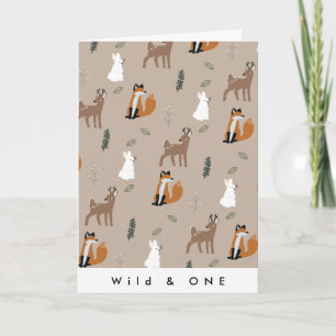 Wild One Birthday Forest Animals Pattern Brown Kaart
