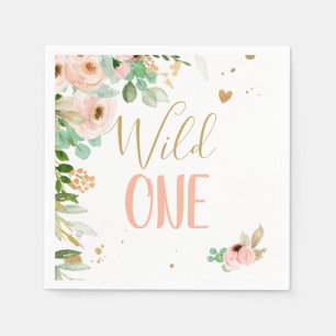 Wild One Birthday Girl Floral Flowers Pink Gold Servet