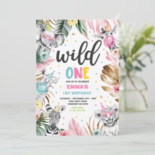 Wild One Birthday Gold Safari Oerwoud Animals Part Kaart (Staand voorkant)