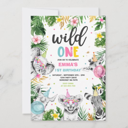 Wild One Birthday Gold Safari Oerwoud Animals Part Kaart (Voorkant)