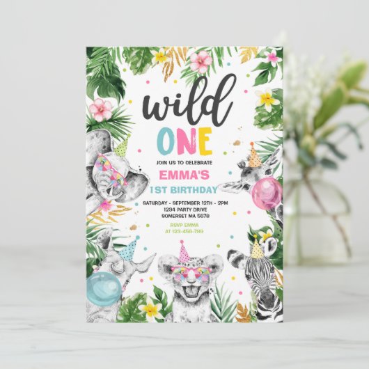 Wild One Birthday Gold Safari Oerwoud Animals Part Kaart (Staand voorkant)