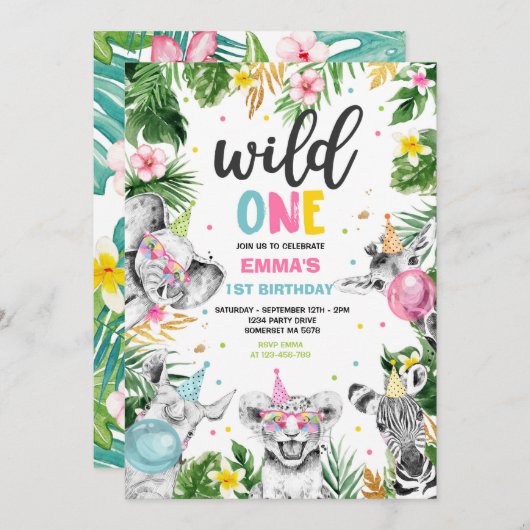 Wild One Birthday Gold Safari Oerwoud Animals Part Kaart (Voorkant / Achterkant)