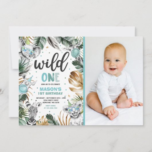 Wild One Birthday Gold Safari Oerwoud Animals Part Kaart (Voorkant)