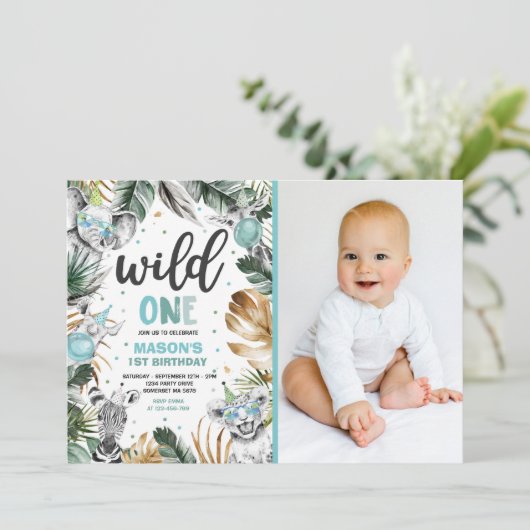 Wild One Birthday Gold Safari Oerwoud Animals Part Kaart (Staand voorkant)