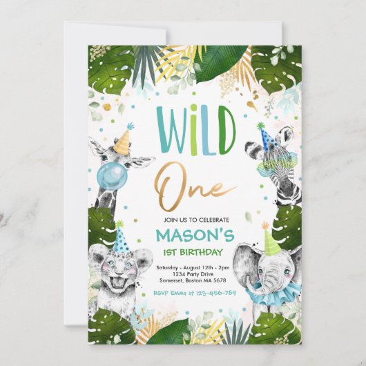 Wild One Birthday Gold Safari Oerwoud Animals Part Kaart (Voorkant)