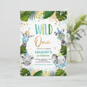 Wild One Birthday Gold Safari Oerwoud Animals Part Kaart (Staand voorkant)