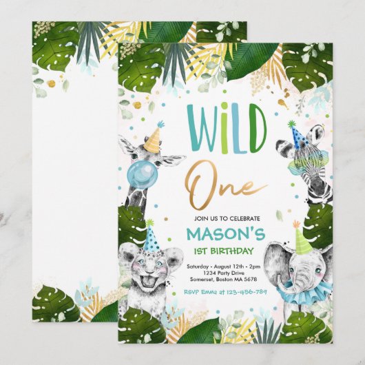 Wild One Birthday Gold Safari Oerwoud Animals Part Kaart (Voorkant / Achterkant)