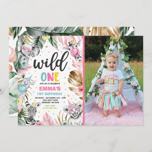 Wild One Birthday Gold Safari Oerwoud Animals Part Kaart (Voorkant / Achterkant)