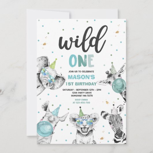 Wild One Birthday Gold Safari Oerwoud Animals Part Kaart (Voorkant)