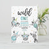Wild One Birthday Gold Safari Oerwoud Animals Part Kaart (Staand voorkant)