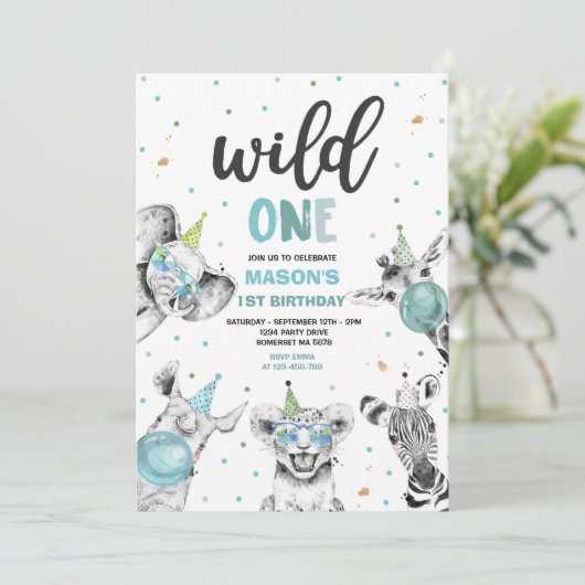 Wild One Birthday Gold Safari Oerwoud Animals Part Kaart (Staand voorkant)