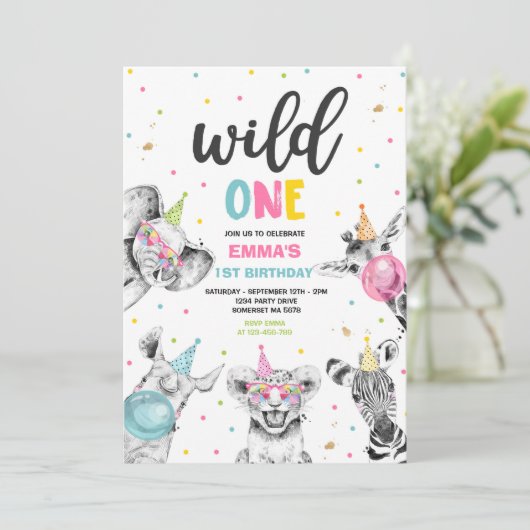 Wild One Birthday Gold Safari Oerwoud Animals Part Kaart (Staand voorkant)