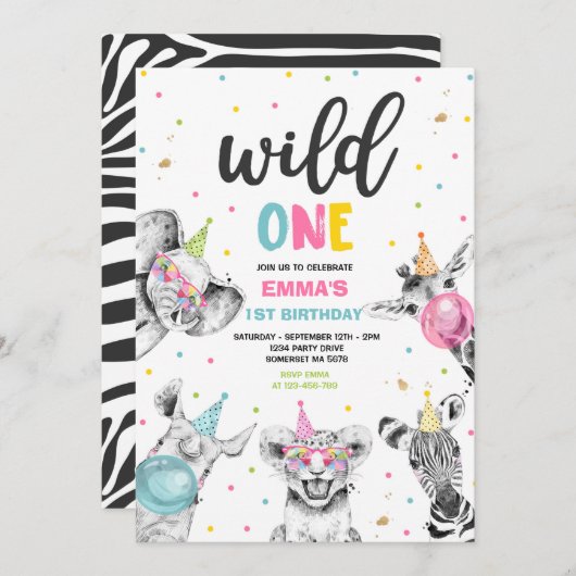 Wild One Birthday Gold Safari Oerwoud Animals Part Kaart (Voorkant / Achterkant)