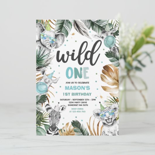 Wild One Birthday Gold Safari Oerwoud Animals Part Kaart (Staand voorkant)