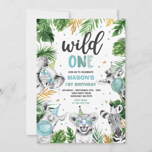 Wild One Birthday Gold Safari Oerwoud Animals Part Kaart (Voorkant)