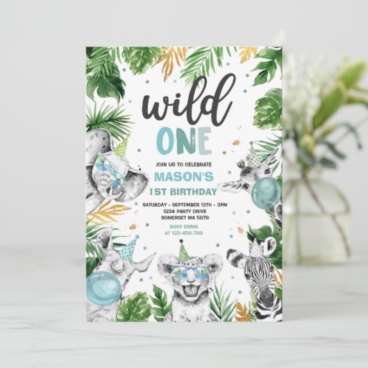 Wild One Birthday Gold Safari Oerwoud Animals Part Kaart (Staand voorkant)