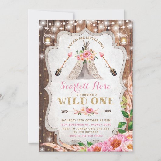 Wild One Birthday Invitation Floral Boho Teepee Kaart (Voorkant)