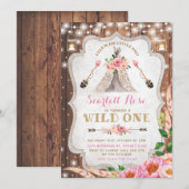 Wild One Birthday Invitation Floral Boho Teepee Kaart (Voorkant / Achterkant)