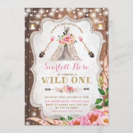 Wild One Birthday Invitation Floral Boho Teepee Kaart