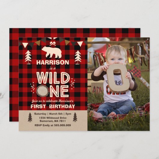 Wild One Birthday Invitation Lumberjack Wild One Kaart (Voorkant / Achterkant)