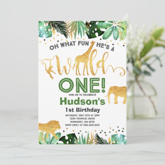 Wild One Birthday Invitation Oerwoud Animals Party Kaart (Staand voorkant)