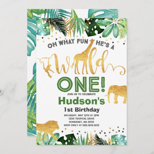 Wild One Birthday Invitation Oerwoud Animals Party Kaart (Voorkant / Achterkant)