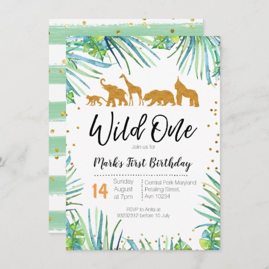 Wild One Birthday Invitation Oerwoud Animals Party Kaart (Voorkant / Achterkant)