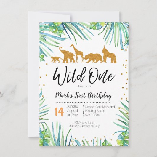 Wild One Birthday Invitation Oerwoud Animals Party Kaart (Voorkant)