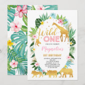 Wild One Birthday Invitation Oerwoud Animals Party Kaart (Voorkant / Achterkant)