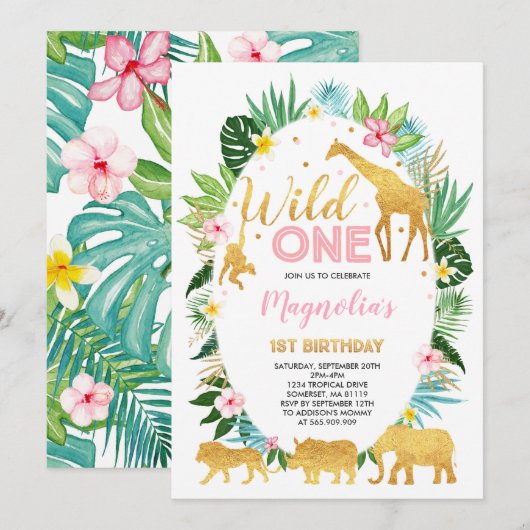 Wild One Birthday Invitation Oerwoud Animals Party Kaart (Voorkant / Achterkant)