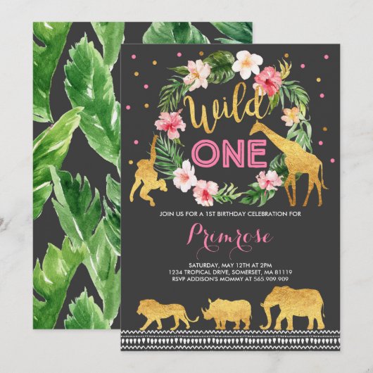 Wild One Birthday Invitation Oerwoud Animals Party Kaart (Voorkant / Achterkant)