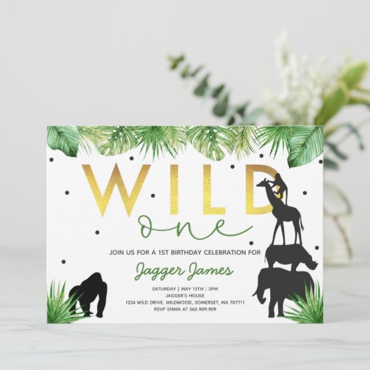 Wild One Birthday Invitation Oerwoud Animals Party Kaart (Staand voorkant)