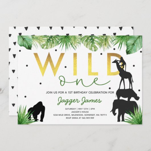 Wild One Birthday Invitation Oerwoud Animals Party Kaart (Voorkant / Achterkant)