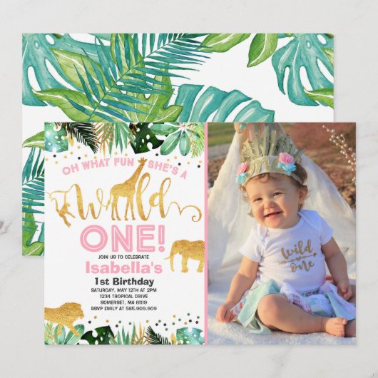 Wild One Birthday Invitation Oerwoud Animals Party Kaart (Voorkant / Achterkant)