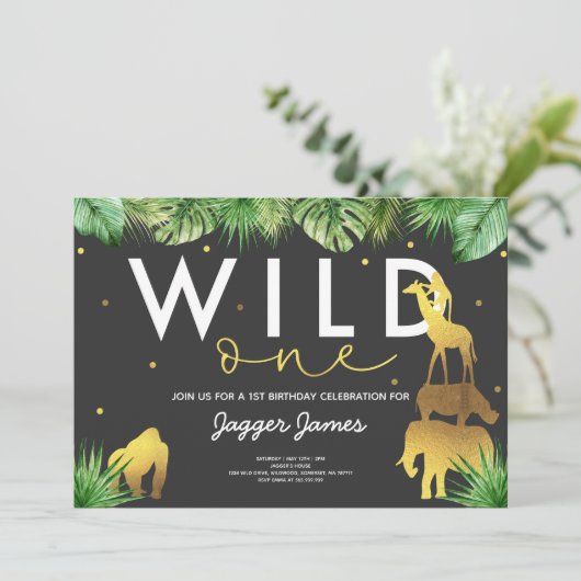 Wild One Birthday Invitation Oerwoud Animals Party Kaart (Staand voorkant)