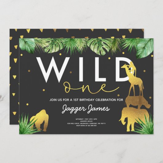 Wild One Birthday Invitation Oerwoud Animals Party Kaart (Voorkant / Achterkant)