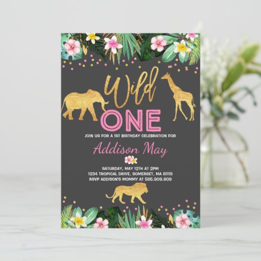 Wild One Birthday Invitation Oerwoud Animals Party Kaart (Staand voorkant)