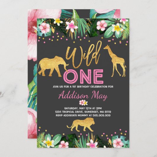 Wild One Birthday Invitation Oerwoud Animals Party Kaart (Voorkant / Achterkant)