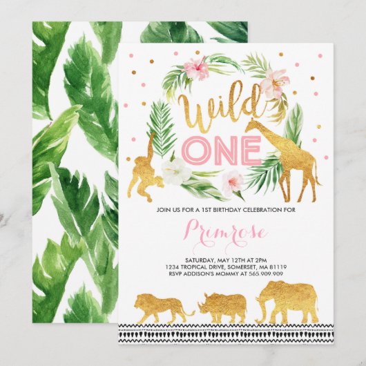 Wild One Birthday Invitation Oerwoud Animals Party Kaart (Voorkant / Achterkant)