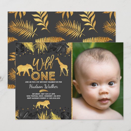 Wild One Birthday Invitation Oerwoud Animals Party Kaart (Voorkant / Achterkant)