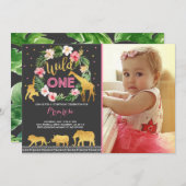Wild One Birthday Invitation Oerwoud Animals Party Kaart (Voorkant / Achterkant)