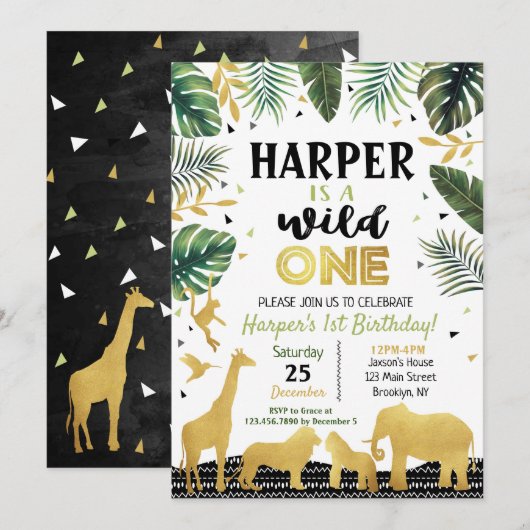 Wild One Birthday Invitation Oerwoud Animals Party Kaart (Voorkant / Achterkant)