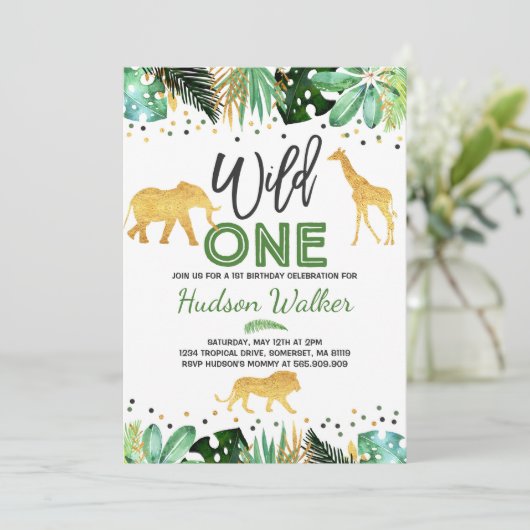 Wild One Birthday Invitation Oerwoud Animals Party Kaart (Staand voorkant)